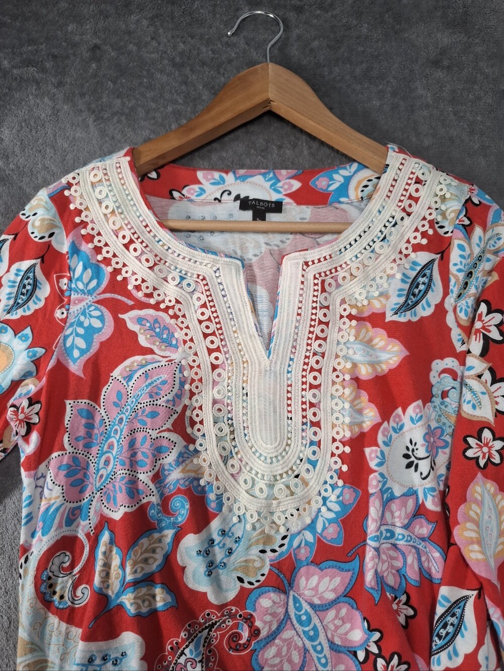 Talbots Women's Pima Cotton Blend Paisley Floral Crochet Tunic Size Petite S - Picture 5 of 11